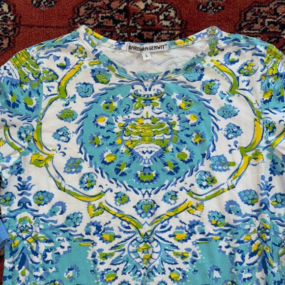 Barbara Gerwit L Aqua Blue/Green Print Stretch Cotton Long Sleeve T-Shirt - Picture 2 of 7